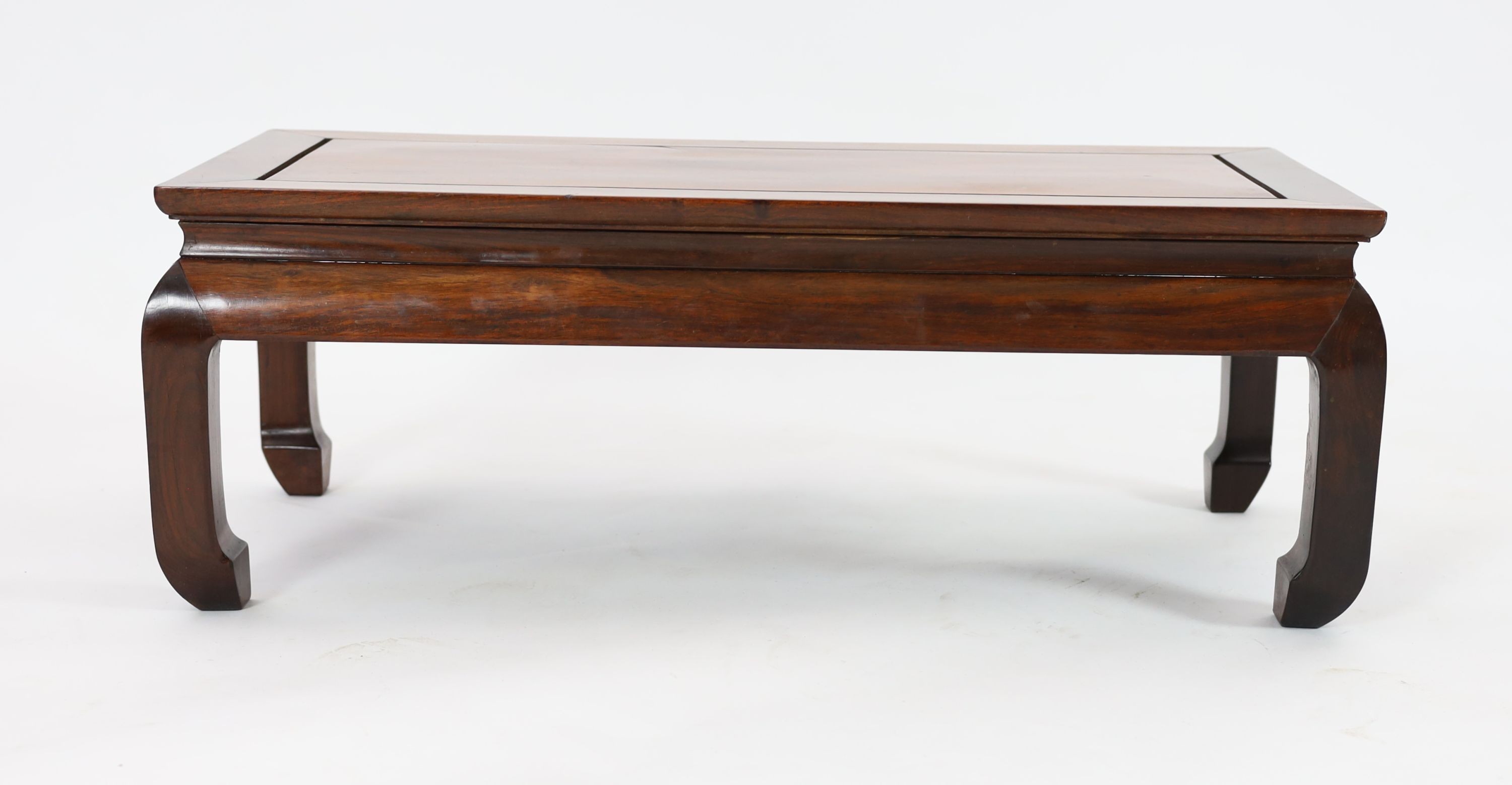 A small Chinese huanghuali Kang table, late Qing dynasty, 93cm long, 45.5cm wide, 33.5cm high, old repairs